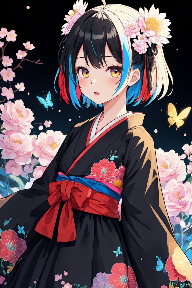 1girl, loli, dress, flower printed, black hair, black dress, heteromonic, dynamic angle, lolita dress, see through, multi layered dress, bangs, ahoge, from sude, multi_colored hair, kimono,, long sleeves, masterpiece, best quality, blurry background, depth of field, iceflake, onnk, butterfly