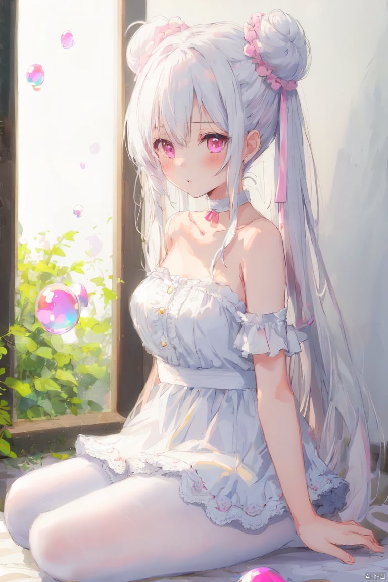 1girl, loli, pink eyes, from side, white hair, double buns, long hair,blurry eyes, detailed eyes,[[sheya]],hiten_(hitenkei),[Nachoneko], bare shoulders, collarbone, chocker, [artist:hoshi \(snacherubi\),]full body, white pantyhose, breasts,white background, best quality, masterpiece, bubble, white pantyhose