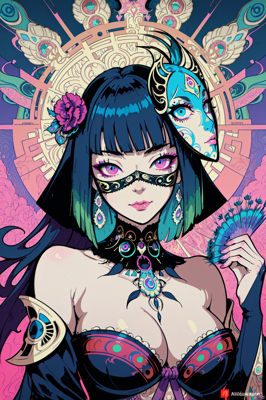  centered detailed portrait of a masked woman wearing a venetian mask, vibrant peacock feathers, intricate, elegant, highly detailed, digital painting, artstation, smooth, sharp focus, illustration, illuminated lines, outrun, vaporware, intricate venetian patterns, cyberpunk darksynth, by audrey kawasaki and ilya kuvshinov and alphonse mucha