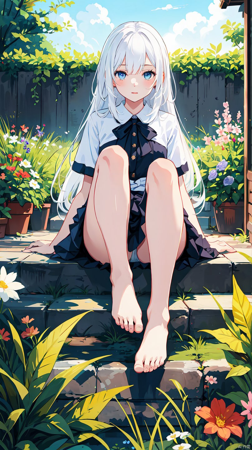 masterpiece,best quality,highres,1girl,very beautiful and cute,star \(symbol\),floral print,,show foot,very long hair,mini_skirt,prefect leg,leg_lift,((white hair)),garden, bare foot,sitting,detailed eyes