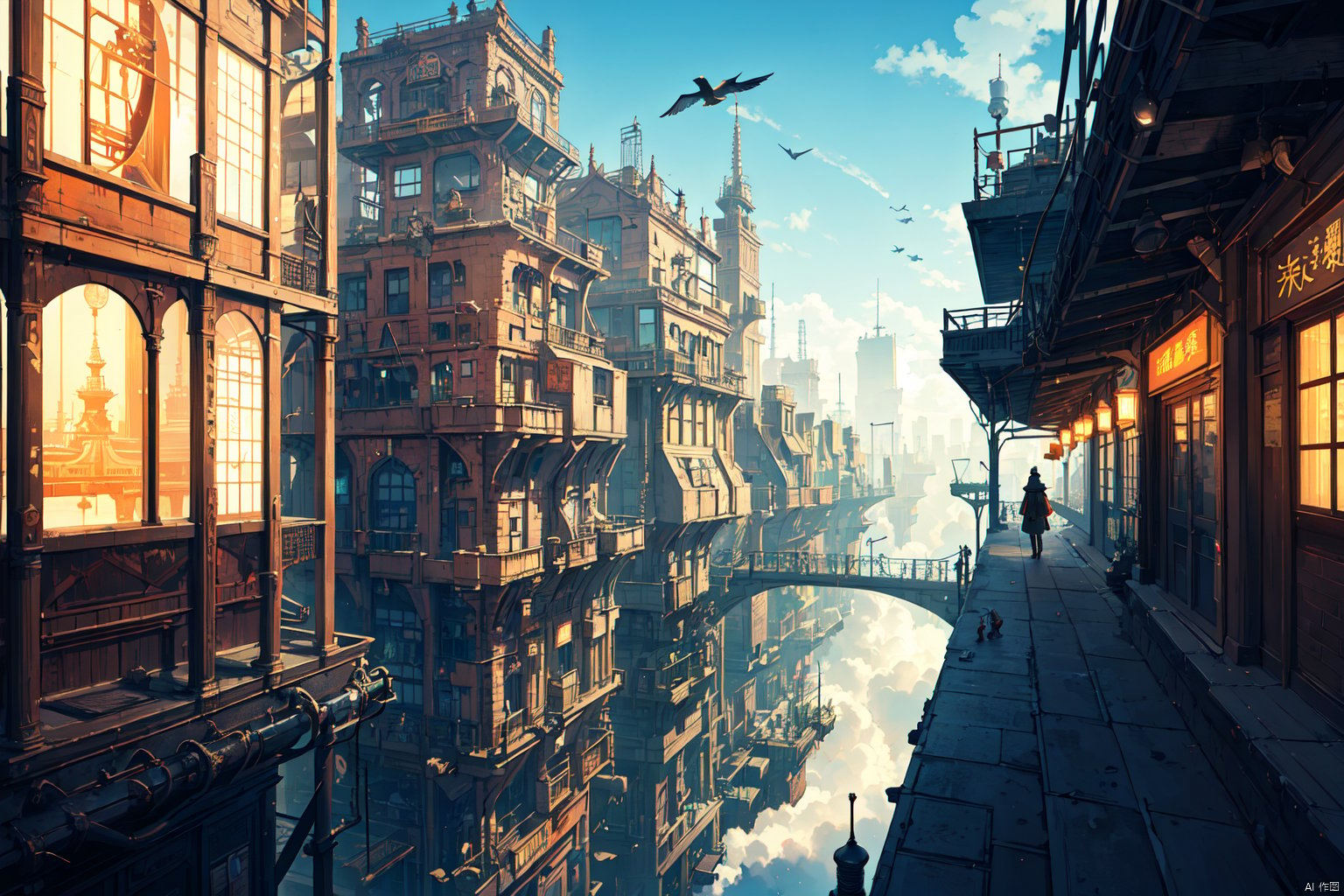  (masterpiece:1.2), best quality,fantasy,(steampunk:1.2), complex, street, city, steam, machine,dreamlike,scenery,future,orange light,blue sky,cityscape,blue spot,panorama,steam,((air city)),bird angle,nijistyle,houtufeng,midjourney