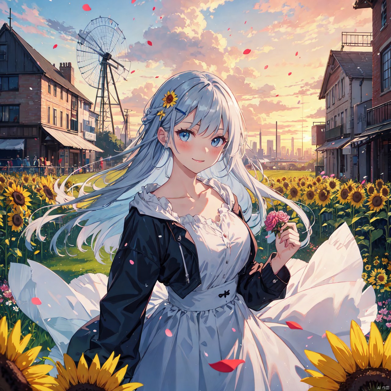 1 girl,flowers (innocent grey),Sky blue hair,standing,1girl, bangs, blue_sky, blush, bouquet, breasts, city, cityscape, cloud, cloudy_sky, collarbone, confetti, daisy, day, falling_petals, fence, ferris_wheel, field, flower, flower_field, hair_ornament, hairclip, holding, holding_flower, house, jacket, leaves_in_wind, long_hair, long_sleeves, looking_at_viewer, open_clothes, open_jacket, outdoors, petals, rose_petals, sky, skyline, skyscraper, smile, solo, sunflower, tower, upper_body, wind, windmill, yellow_flower, (wide shot, mid shot, panorama), blurry,Nebula, flowing skirts,（smoke）,Giant flowers, light master