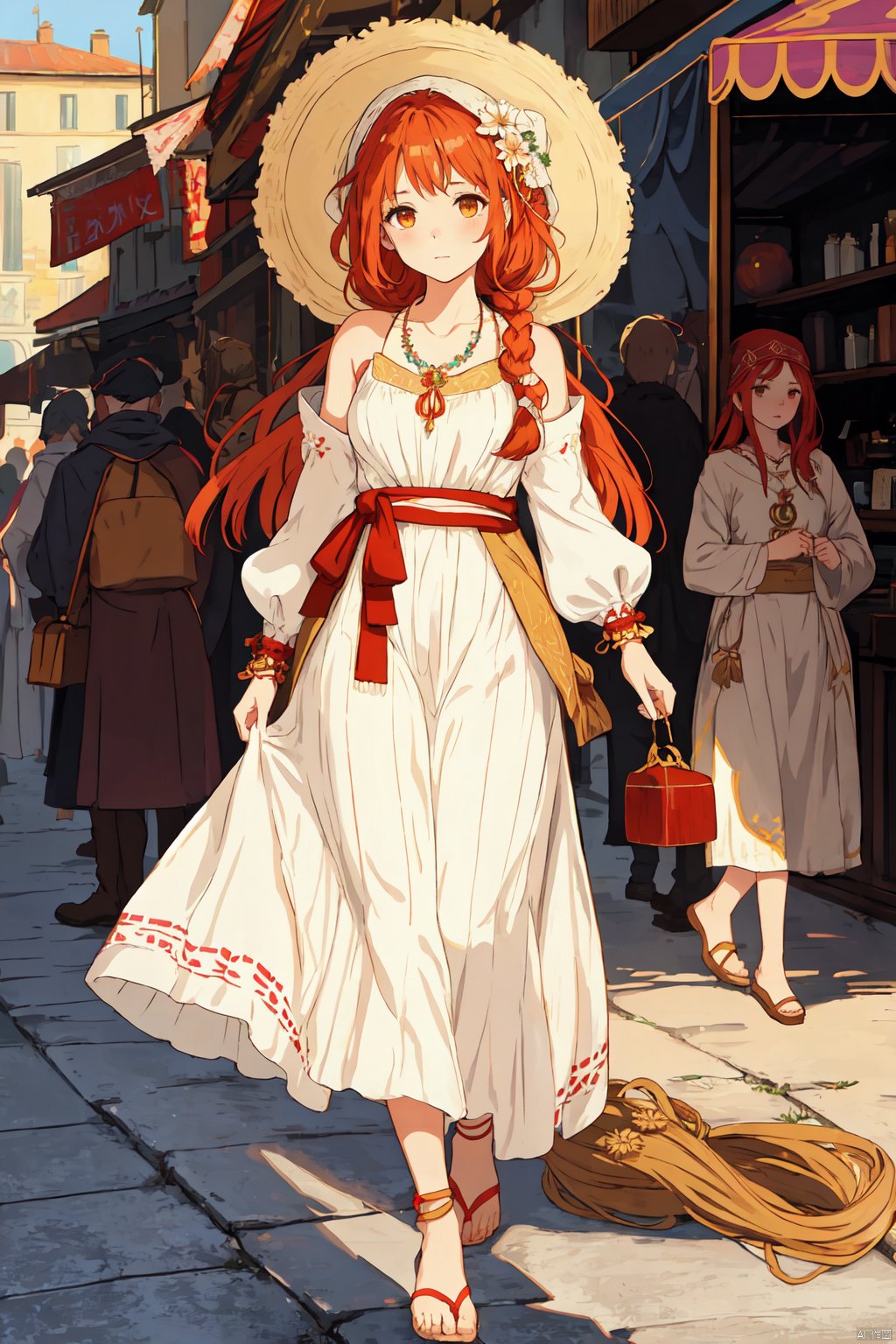  anime artwork a girl,gypsy girl,wandering,complicated old clothes,(natural colors, correct white balance, color correction, dehaze,clarity),european,red hair,outdoor,noisy street,a small pointed nose,at the flea market,many people gathered,beautiful,tall slim,sexy,in france,dark tone,movie screen,magazine,dressed in bohemian handmade traditional costumes,the beige lace headscarf tied up the hair,head wearing a beautiful flower,standing in the shadows,strong light and dark contrast,the body has a complicated handmade ornament necklace bracelet,long necklace with big decorations,