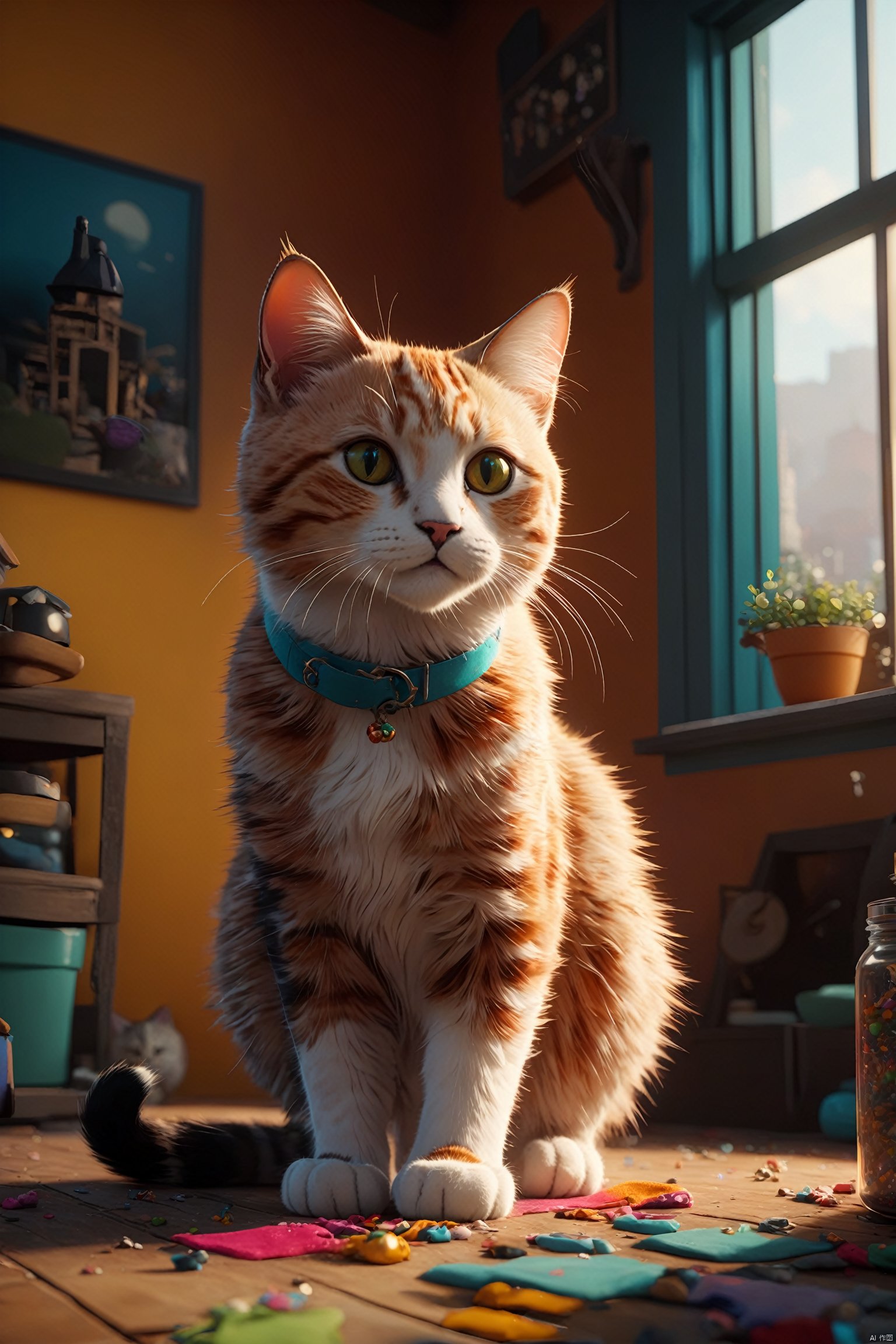 A cute cat, colorful, clutter, ultra detailed, mysterious, scary, perfect environment, cinematic lighting, product photography, unreal engine, 8K