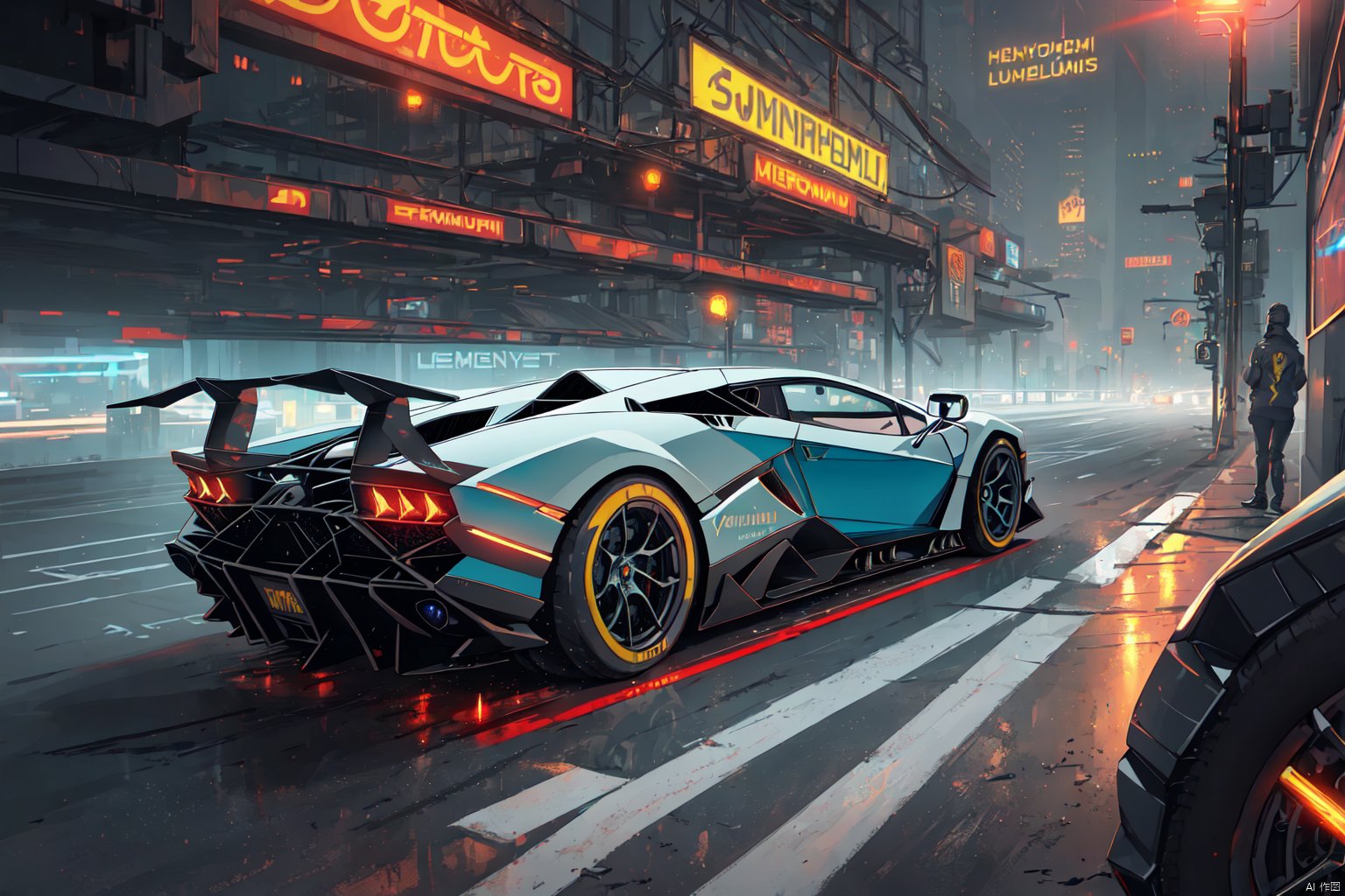  masterpiece, best quality, detailed, realistic, ((cyberpunk Lamborghini Hermes racing))\(\with beaming from the tailpipe and glowing tires\),BREAK,night,ground smoke, light up the surroundings,cinematic lighting,highly detailed, lumen render, 8k,bokeh