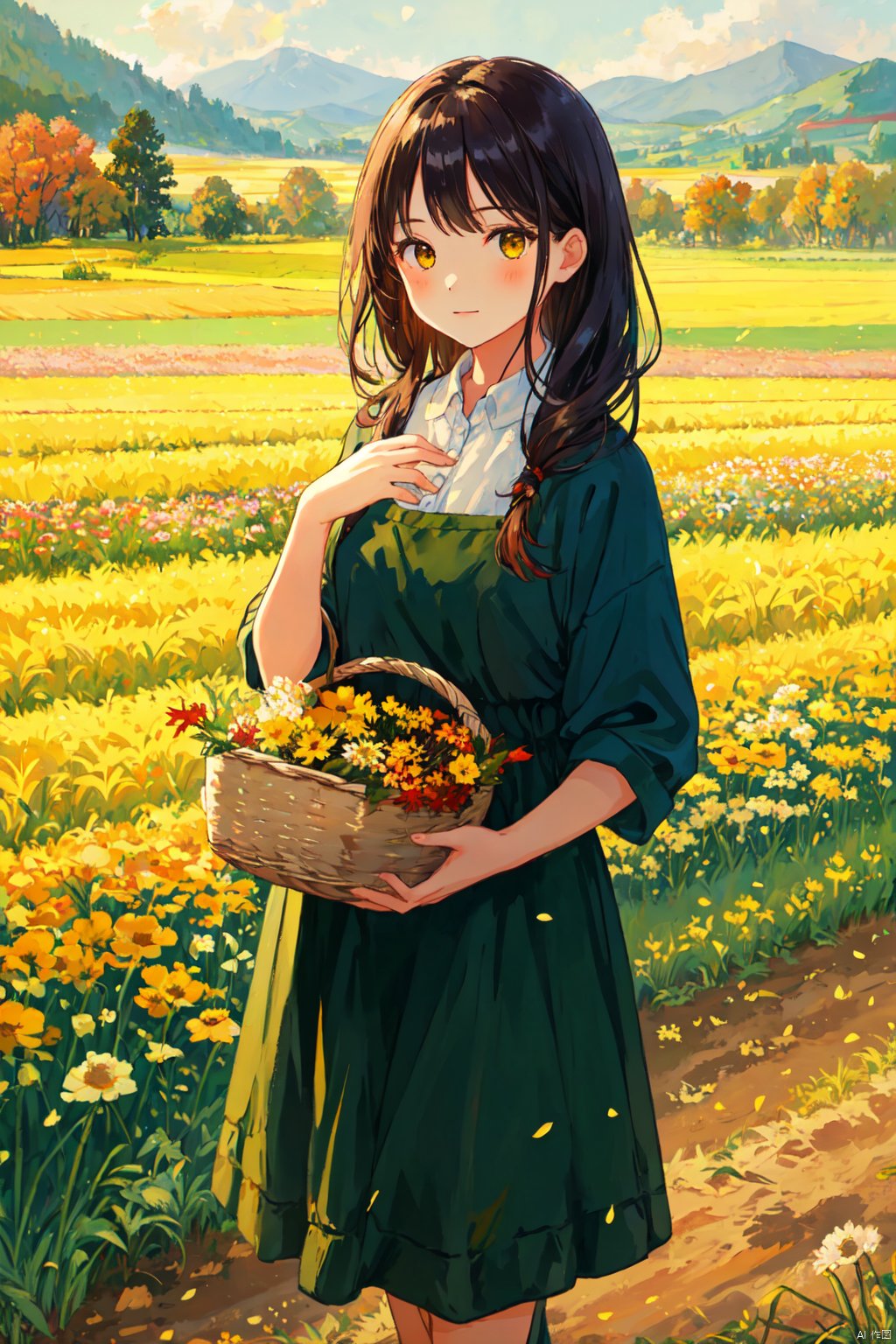 a girl standing in the field,holding a basket in one hand,the other hand waving in the air to say hello,1 girl,autumn,field,flower field,grass,nature,outdoor,solo,rice,mature rice,harvest,yellow theme. beautiful background,bichu,oil painting,Impressionism