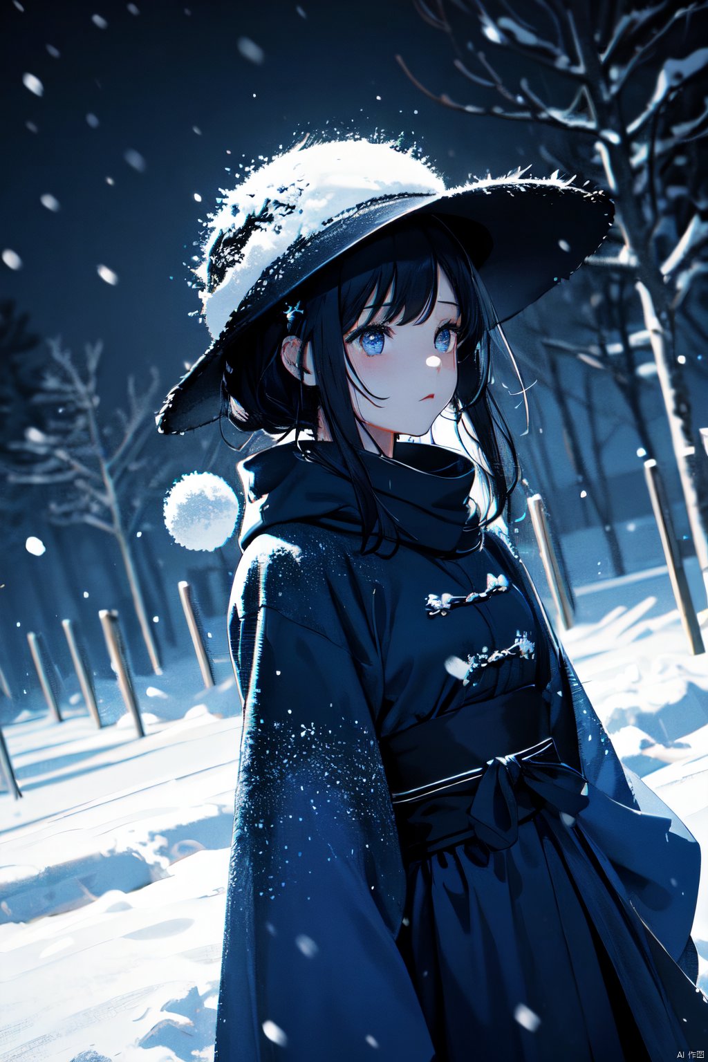 abstract art, visually stunning, 1girl, dark blue theme, deep blue, cowboy shot, It's snowing, the snow flies, wuxia, Chinese style