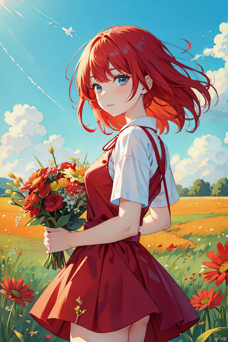  illsutration of girl with bright red hair, wearing a sundress and holding a bouquet of wildflowers, standing in a field of tall grass with a soft breeze blowing through, close up. BREAK, the scene should capture the whimsical and carefree style of Sakimichan, with a sense of peace and tranquility in the air.