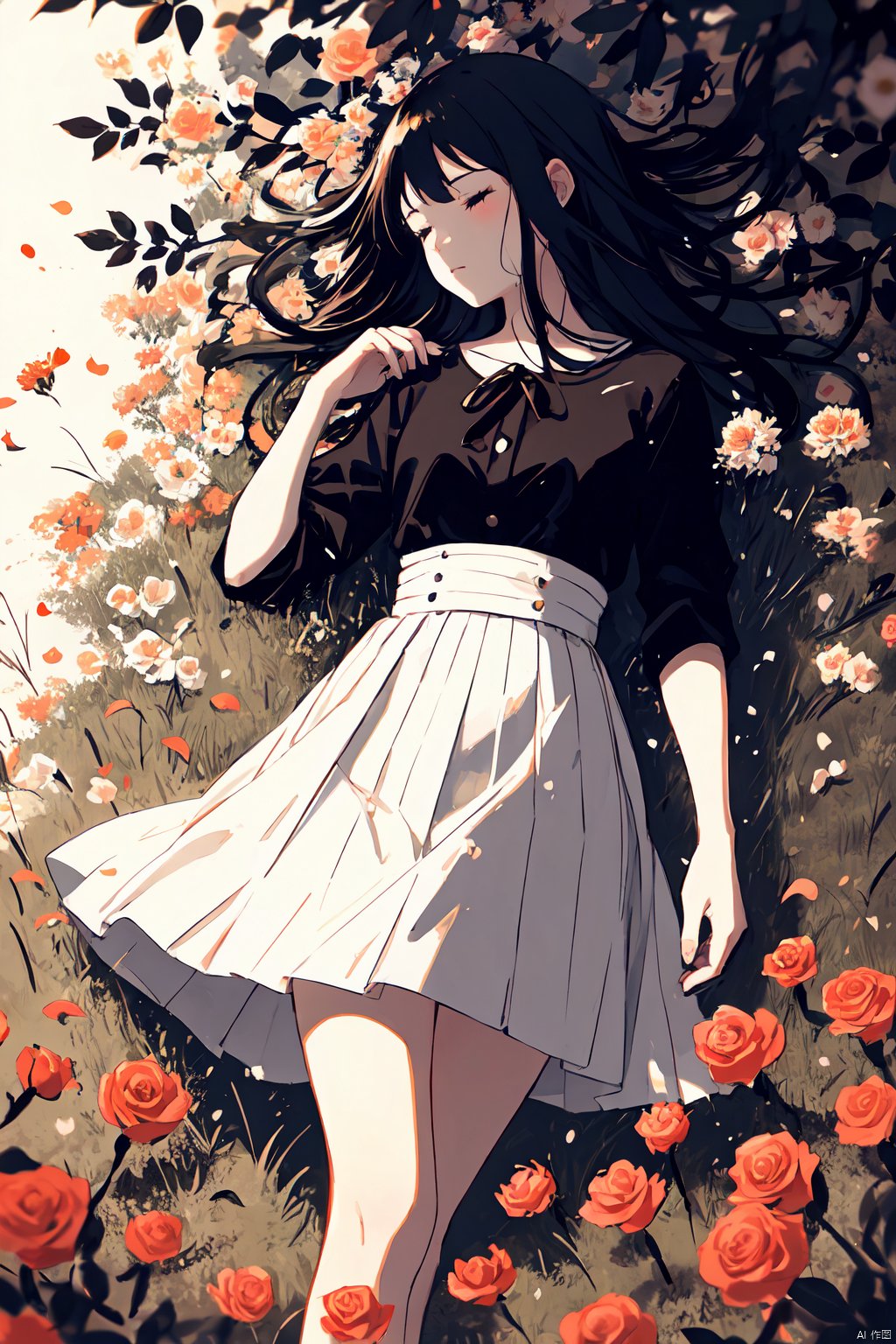 A melancholic autumn scene in a vast flower field,a gentle breeze rustling through the dry grass,fallen leaves scattered among the flowers, a bittersweet atmosphere, a moment of quiet contemplation,1girl,long hair,white_skirt, high-waist_shorts, outfit ,roses,(dynamic angle:1.1),vivid,Soft and warm color palette, delicate brushwork, evocative use of light and shadow, wide shot,subtle details in the wilting flowers,high contrast,color contrast,at night,shadow