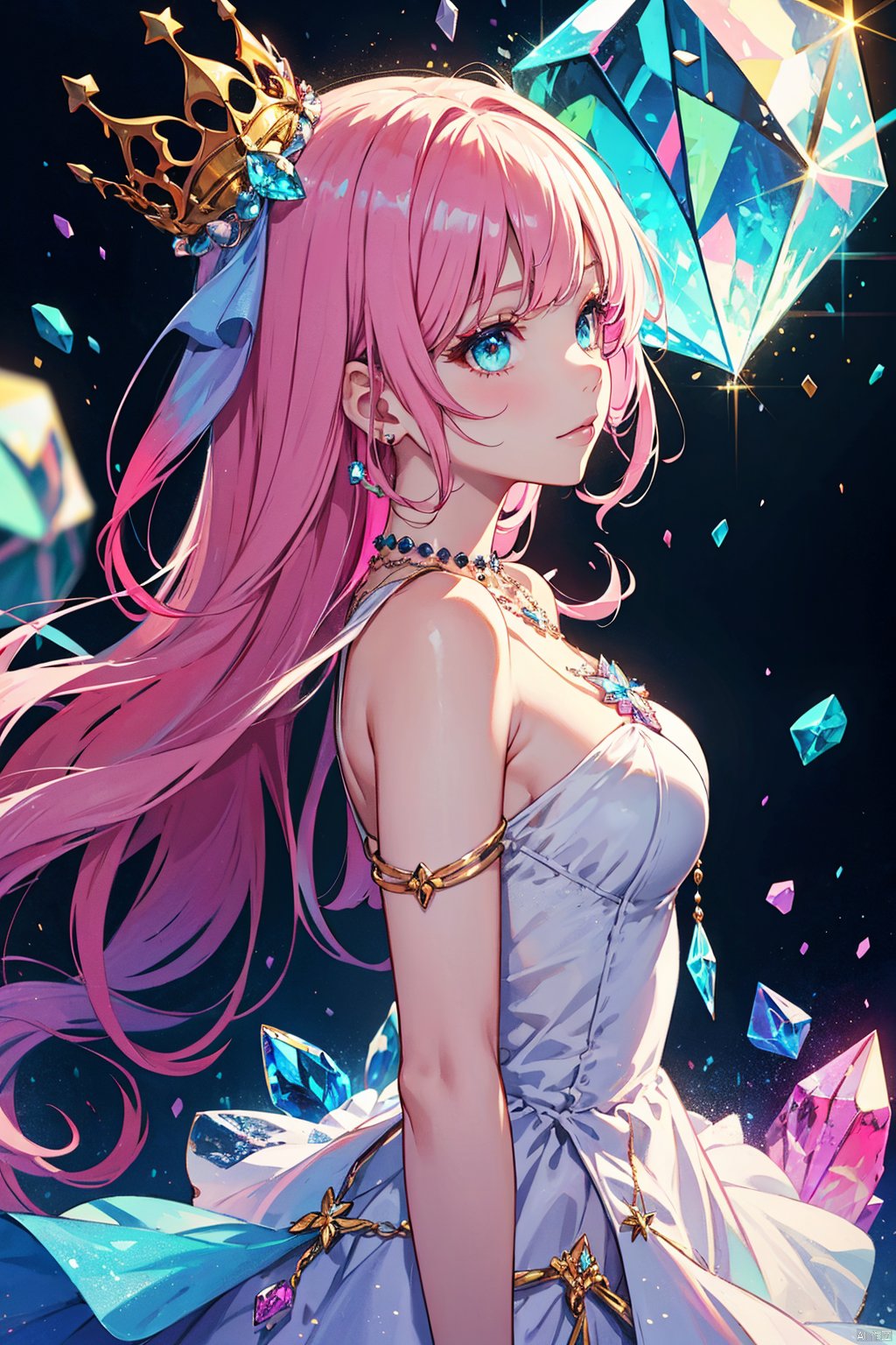 Crystal Girl, gradient hair, jewelry, long hair, makeup, medium breasts, multicolored hair, pink hair,1girl, bangs, bare shoulders, breasts, crown, crystal, dress, from side, gem,Colorful crystals,Crystal Headwear,There are many crystals on the clothes,Colorful gradient hair,Colorful Dress,Floating Colorful Crystal,Crystal on the body,Crystal necklace,Colorful crystal decoration