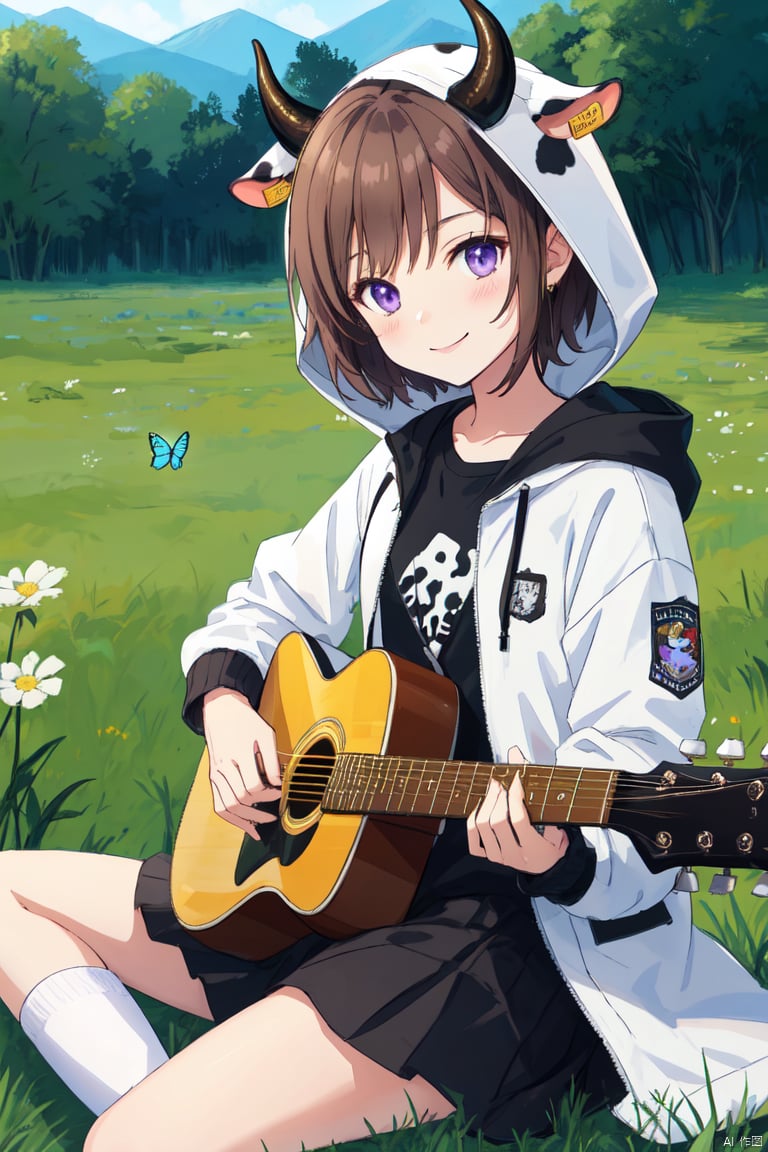 loli,petite,male_focus, bug, butterfly, brown_hair, jacket, animal_ears, instrument, gloves, grass, horns, fingerless_gloves, sitting, solo, guitar, purple_eyes, shirt, cow_boy, cow_horns, white_butterfly, cow_ears, white_gloves, outdoors, white_jacket, acoustic_guitar, black_shirt, looking_at_viewer, hooded_jacket, bag, short_hair, smile, socks, holding