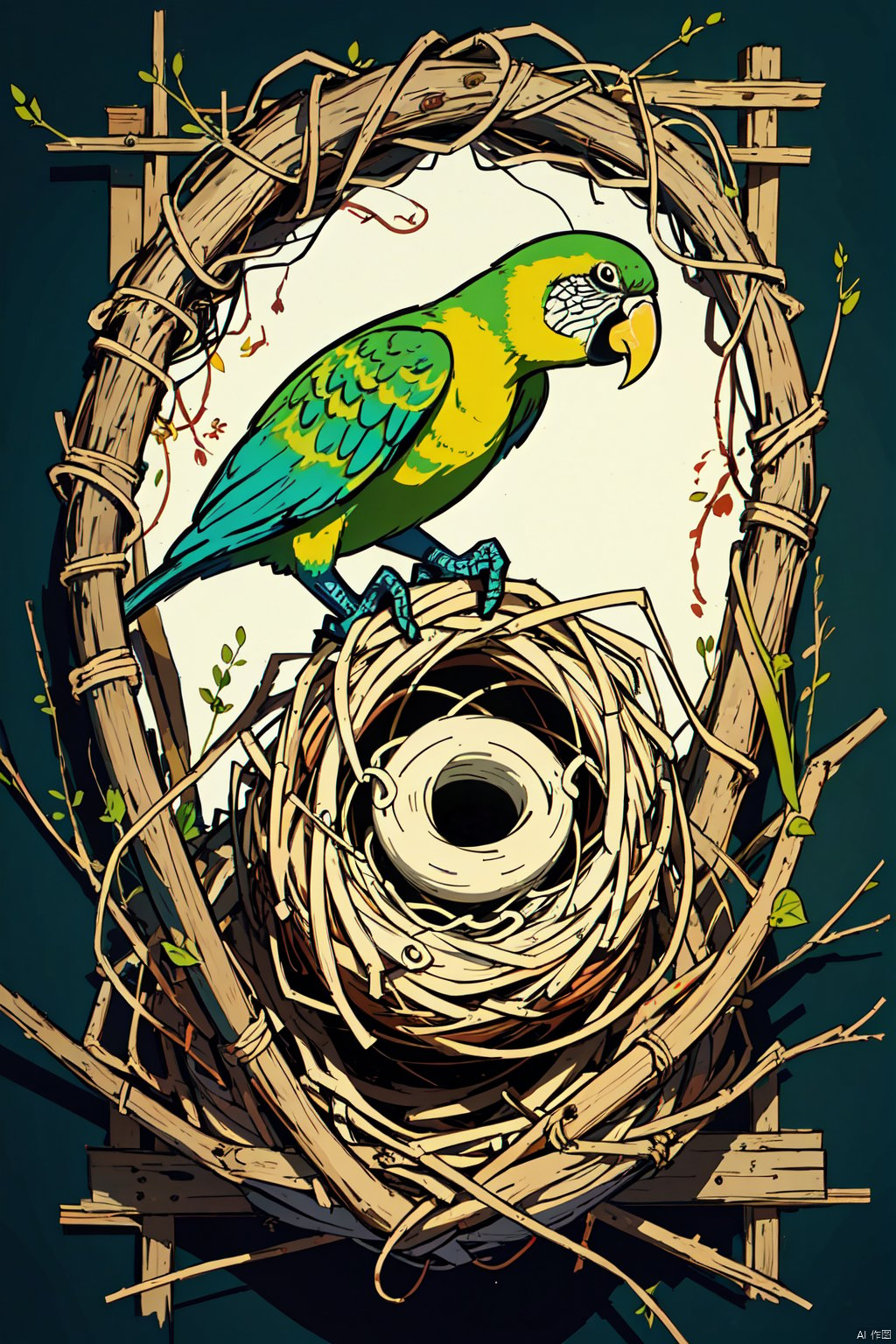 Rainforest,gold steel parrot,(Sophisticated and beautiful nest:1.5),branches,green leaves,Colorful flowers and diverse plants, graffiti in the style of Keith Haring,sharpie illustration, Bold lines and solid colors, Simple details, minimalist, peaceful light