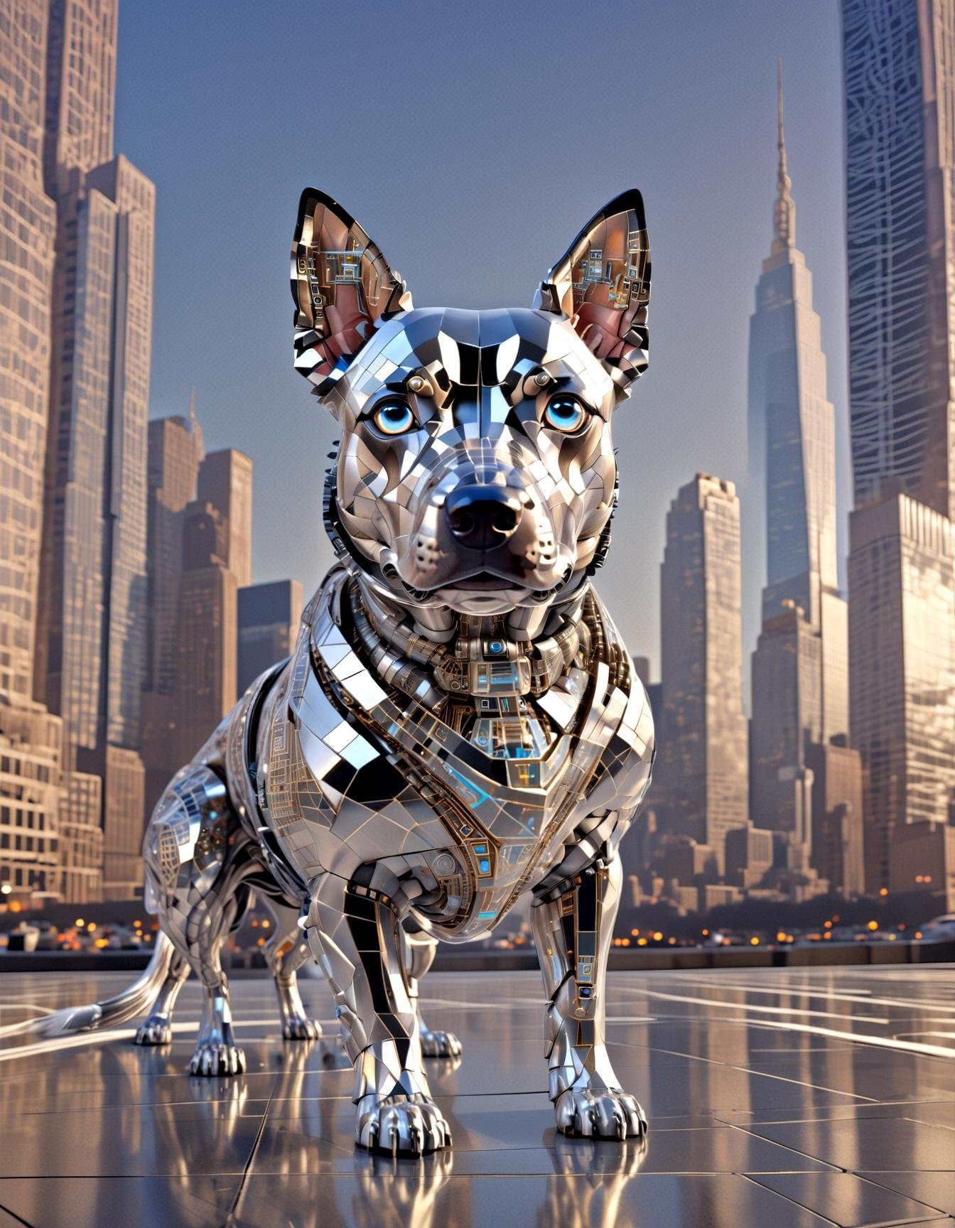 dog as (c1bo:1.1), geometric patterns, elegance, cyborg,Architectural Digest Fashion Feature, urban skyline backdrop, liquid illumination, synthetic transparent, ,detailed eyes, highly intricate, ,