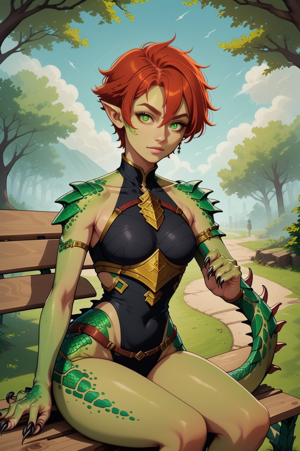 She is sitting in a park on a bench wearing the armor of a warrior ,lizard girl,claws, solo, red hair,pointy ears,green eyes, sharp fingernails, monster girl, tail, horns, lizard tail,scales, green skin