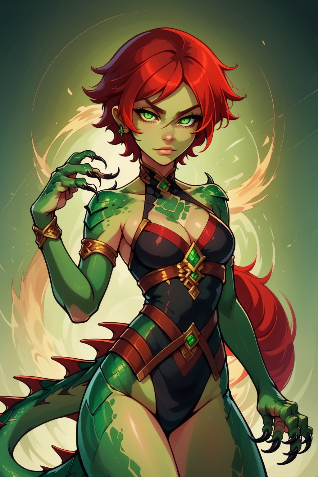 lizard girl, standing alone. She has vibrant red hair, pointy ears, and intense green eyes. Her sharp fingernails resemble claws, hinting at her monstrous nature. She has a long tail, adorned with scales that match her green skin. Horns protrude from her head, complementing her fierce look