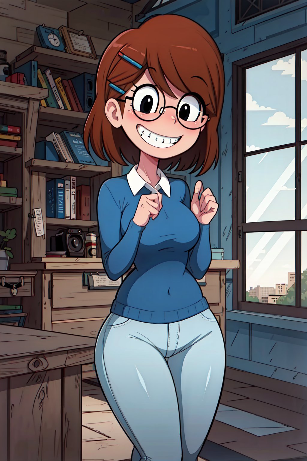 (1girl, solo),((Landidzu),(Jackie_wackerman), cinnamon hair, short hair,hairclip, glasses, grin, black eyes, brackets, ( collared shirt, white shirt, blue sweater, red pants, looking at viewer, standing),