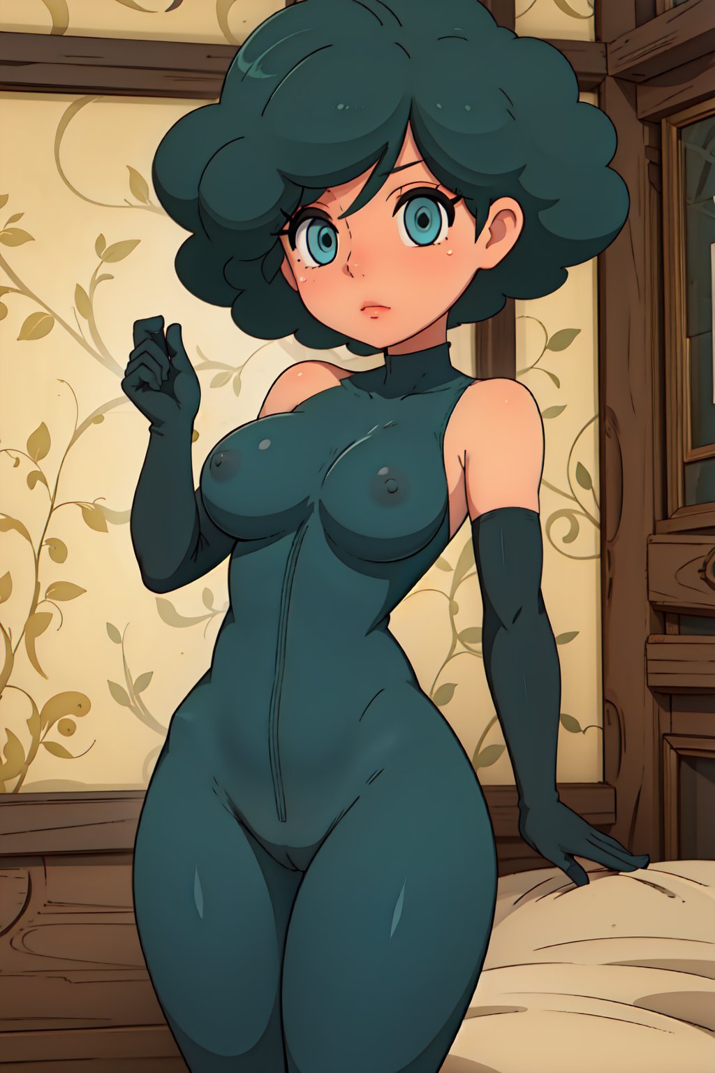 (1girl, solo),((Landidzu),Olivia,  green hair, short hair, afro, blue eyes, (tight bodysuit, (black elbow gloves)), looking at viewer, standing)