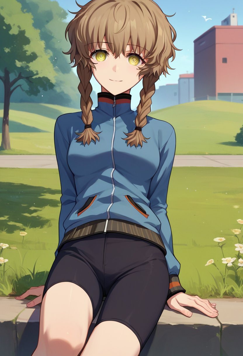 score_9, score_8_up, score_7_up, source_anime,  amane suzuha, short hair, twin braids, green eyes, brown hair, blue jacket, black shorts, outdoors,   <lora:Amane Suzuha-000006:1>