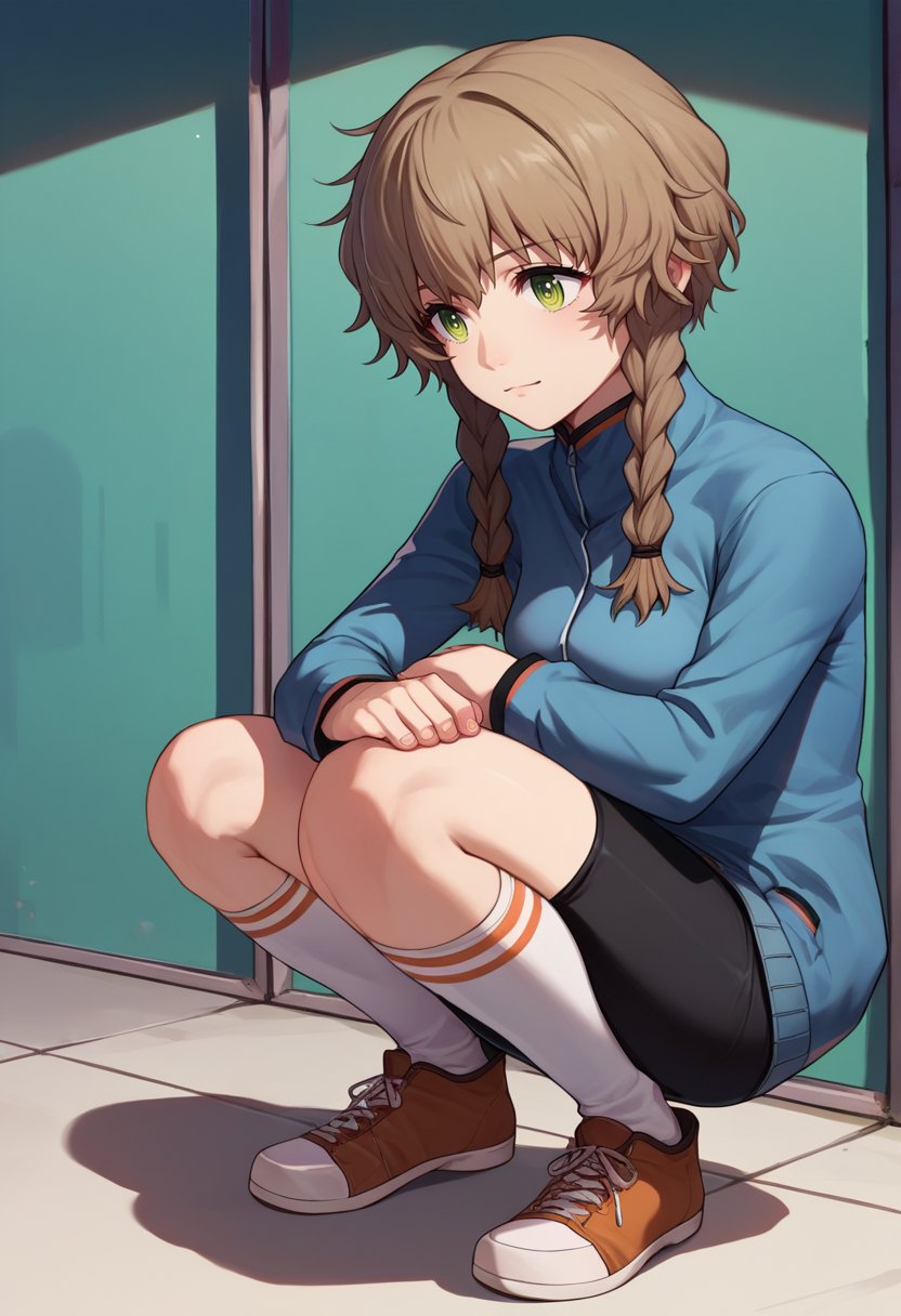 score_9, score_8_up, score_7_up, source_anime,  amane suzuha, short hair, twin braids, green eyes, brown hair, blue jacket, black shorts, white socks,squatting,  <lora:Amane Suzuha-000008:1>