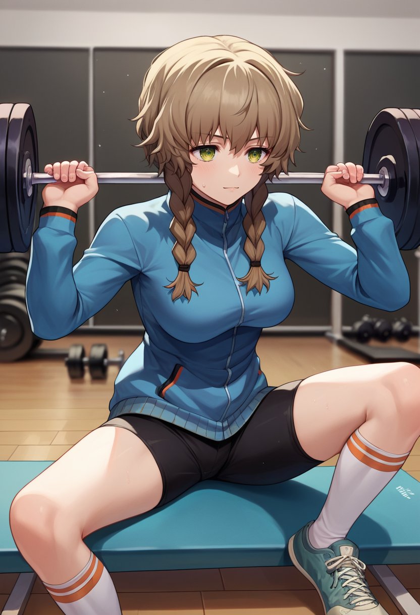 score_9, score_8_up, score_7_up, source_anime,  amane suzuha, short hair, twin braids, green eyes, brown hair, blue jacket, black shorts, gym, exercise, white socks, weightlifting,  <lora:Amane Suzuha-000008:1>