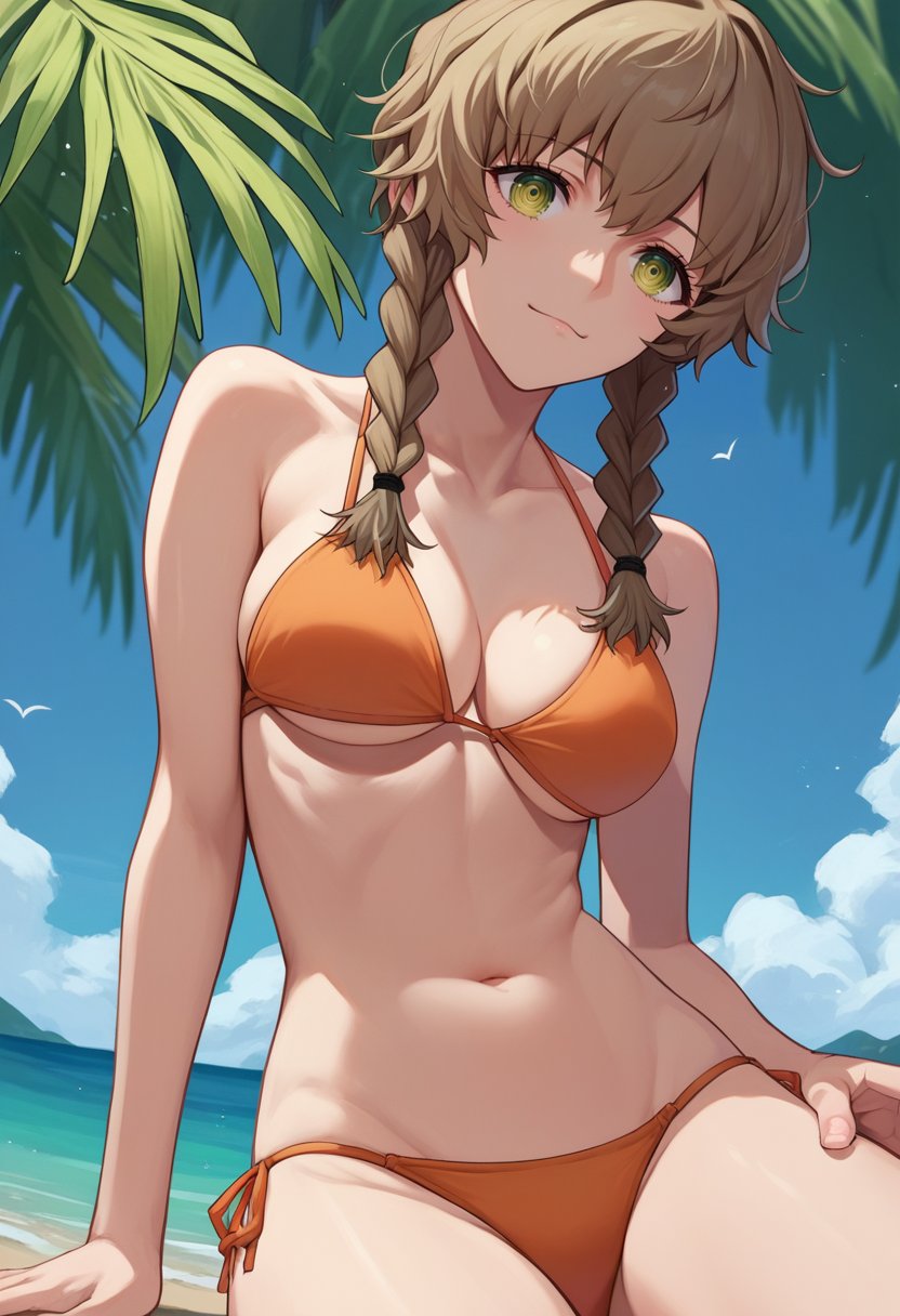 score_9, score_8_up, score_7_up, source_anime,  amane suzuha, short hair, twin braids, green eyes, brown hair, bikini,  <lora:Amane Suzuha-000008:1>