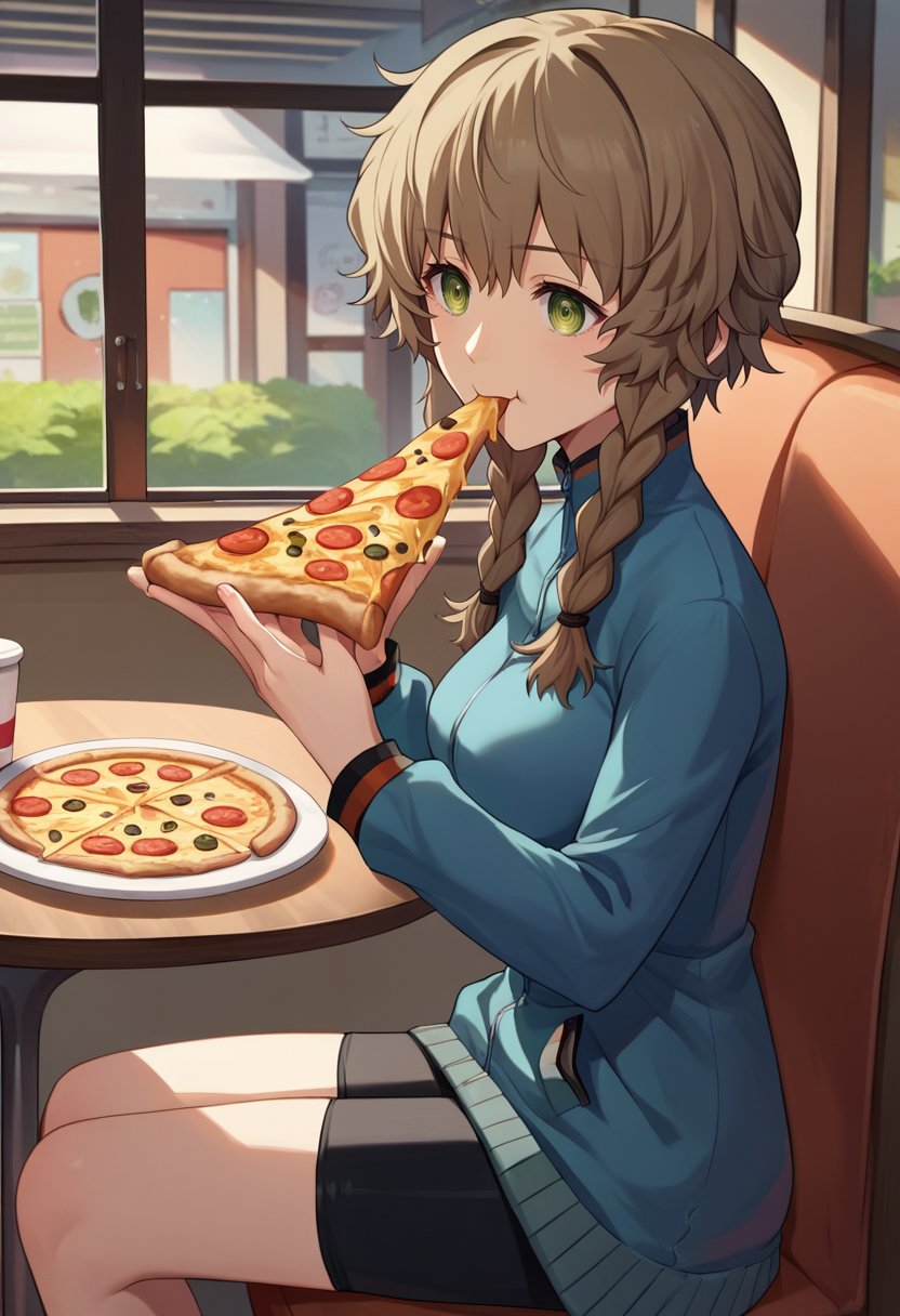 score_9, score_8_up, score_7_up, source_anime,  amane suzuha, short hair, twin braids, green eyes, brown hair, blue jacket, black shorts, cafe, pov, sitting, eating pizza <lora:Amane Suzuha-000008:1>