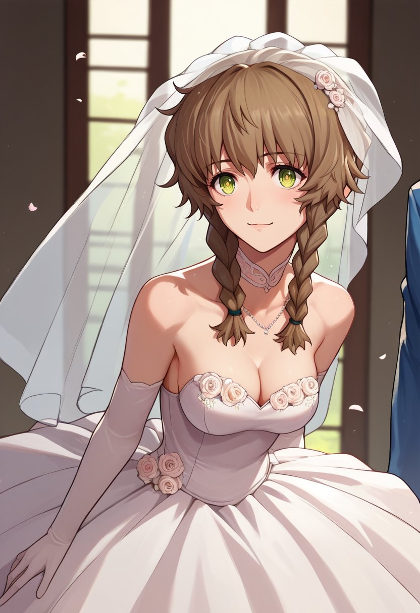 score_9, score_8_up, score_7_up, source_anime,  amane suzuha, short hair, twin braids, green eyes, brown hair, wedding dress,  <lora:Amane Suzuha-000008:1>