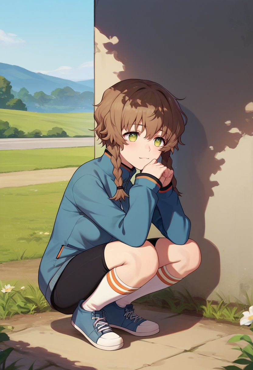 score_9, score_8_up, score_7_up, source_anime,  amane suzuha, short hair, twin braids, green eyes, brown hair, blue jacket, black shorts, white socks, outdoors, squatting,     <lora:Amane Suzuha-000007:1>