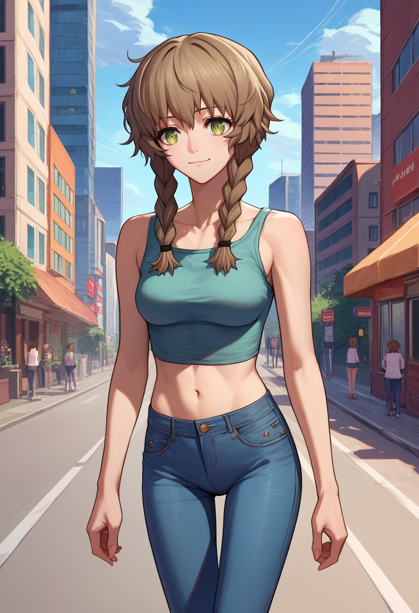 score_9, score_8_up, score_7_up, source_anime,  amane suzuha, short hair, twin braids, green eyes, brown hair, crop top, jeans, city,  <lora:Amane Suzuha-000008:1>