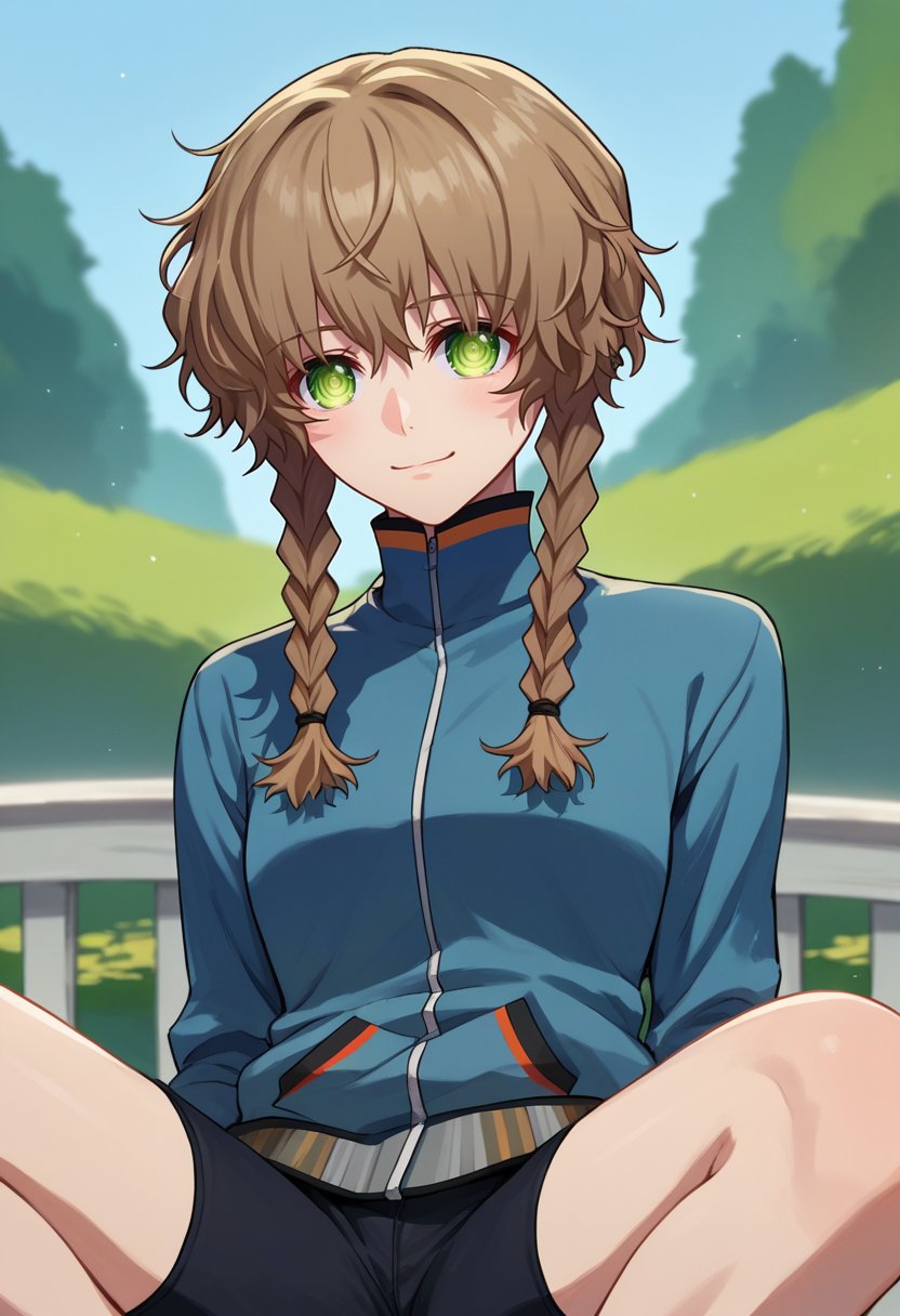 score_9, score_8_up, score_7_up, source_anime,  amane suzuha, short hair, twin braids, green eyes, brown hair, blue jacket, black shorts,  <lora:Amane Suzuha-000006:1>