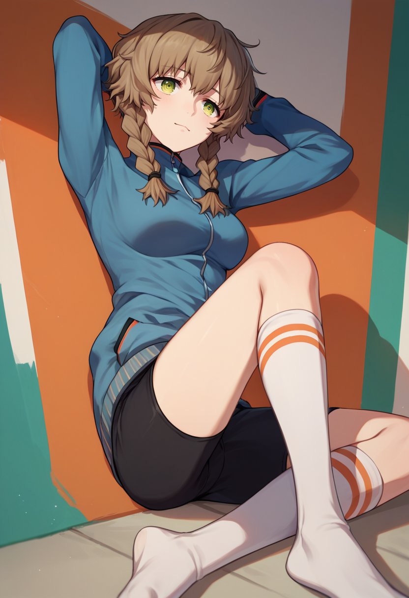 score_9, score_8_up, score_7_up, source_anime,  amane suzuha, short hair, twin braids, green eyes, brown hair, blue jacket, black shorts, white socks, <lora:Amane Suzuha-000008:1>