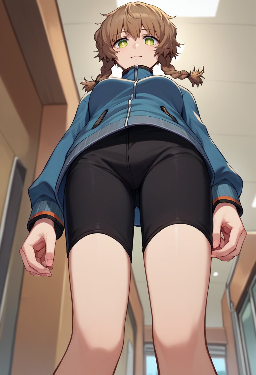 score_9, score_8_up, score_7_up, source_anime,  amane suzuha, short hair, twin braids, green eyes, brown hair, blue jacket, black shorts, from below,  <lora:Amane Suzuha-000007:1>