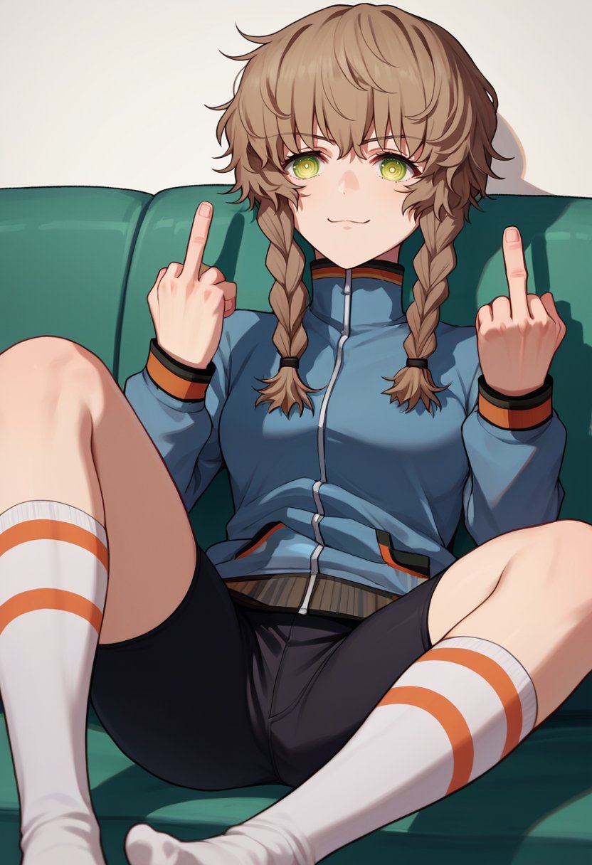 score_9, score_8_up, score_7_up, source_anime,  amane suzuha, short hair, twin braids, green eyes, brown hair, blue jacket, black shorts, white socks, sitting, couch, middle finger,    <lora:Amane Suzuha-000006:1>