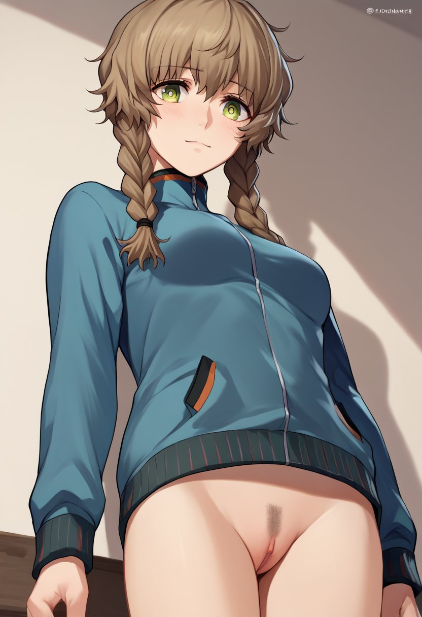 score_9, score_8_up, score_7_up, source_anime,  landing strip,  pubic hair,  1girl,     <lora:landingStripXL1-000008:1>  <lora:Amane Suzuha-000008:1> amane suzuha, short hair, twin braids, green eyes, brown hair, blue jacket, 