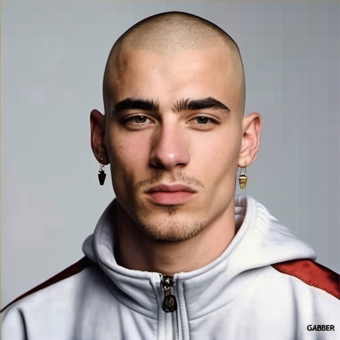 gabber, 1 handsome male, hot, berlin, tracksuit, bald, young, buzz cut, scrawny, piercing, Thunderdome, 1990s, 32K, HQ, realistic, photorealistic, cinematic lighting, portrait, white background, earring