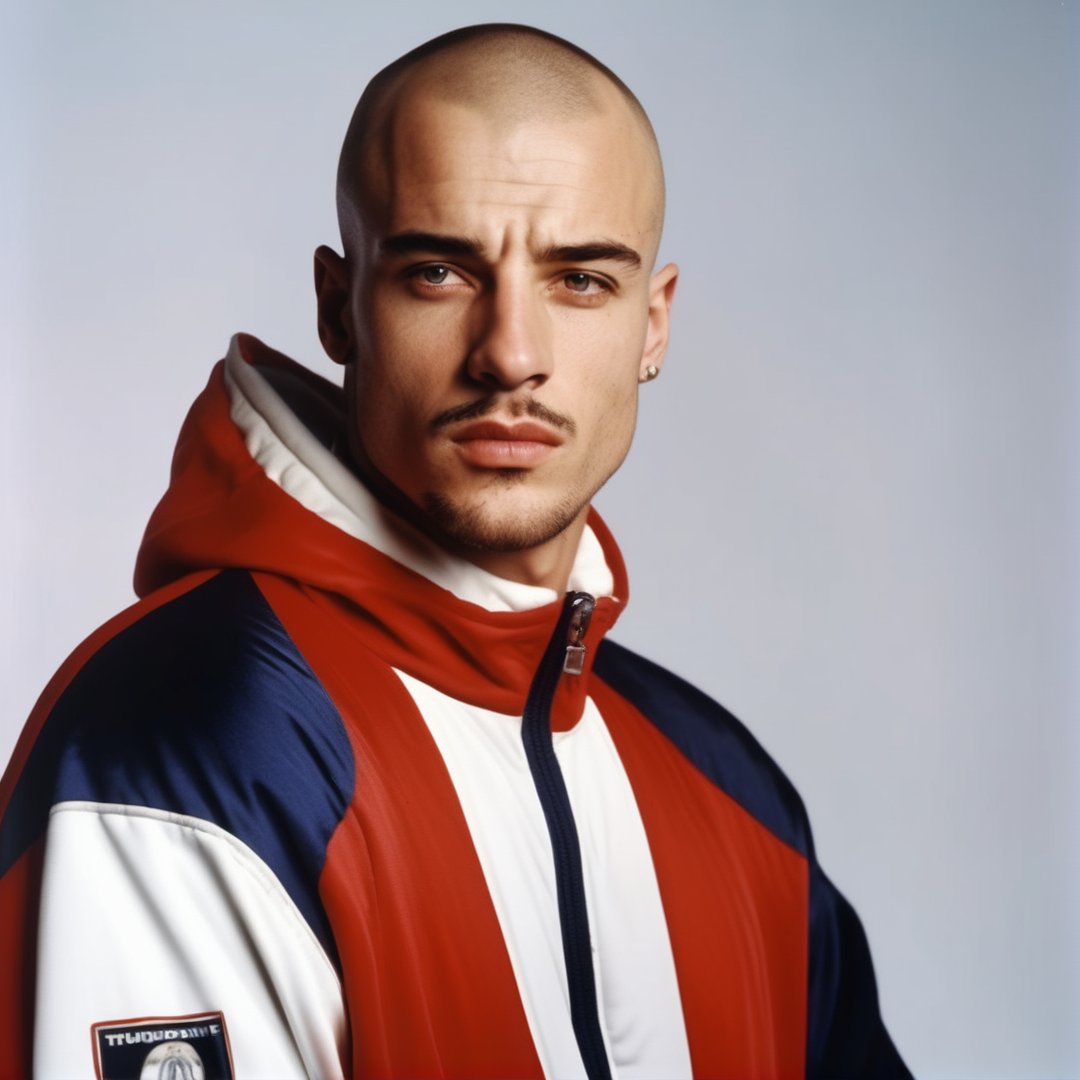 1 handsome male, hot, berlin, tracksuit, bald, buzz cut, stubble, scrawny, piercing, Thunderdome, 1990s, 32K, HQ, realistic, photorealistic, cinematic lighting, portrait, white background, gabber, cinematic moviemaker style