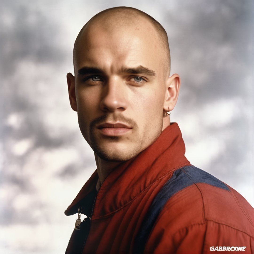 1 handsome male, hot, berlin, red jumpsuit, bald, buzz cut, stubble, scrawny, piercing, Thunderdome, 1990s, 32K, HQ, realistic, photorealistic, cinematic lighting, portrait, white background, gabber