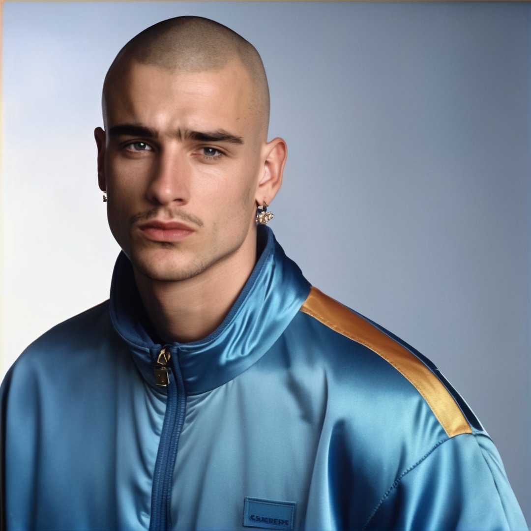 gabber, 1 handsome male, hot, berlin, blue tracksuit, bald, buzz cut, stubble, scrawny, piercing, Thunderdome, 1990s, 32K, HQ, realistic, photorealistic, cinematic lighting, portrait, white background, earring