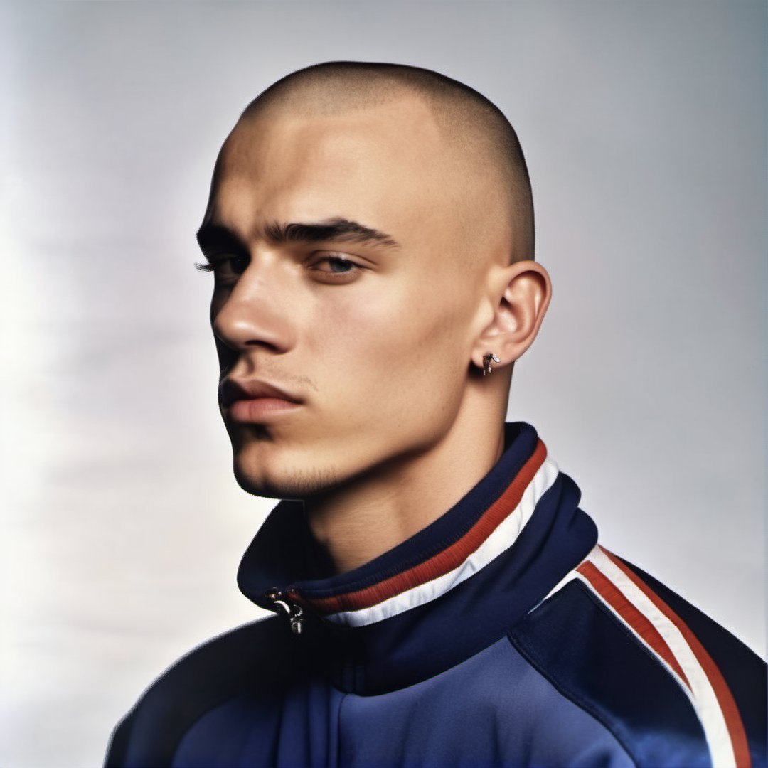 gabber, 1 handsome male, hot, berlin, tracksuit, bald, young, buzz cut, scrawny, piercing, Thunderdome, 1990s, 32K, HQ, realistic, photorealistic, cinematic lighting, portrait, white background, earring