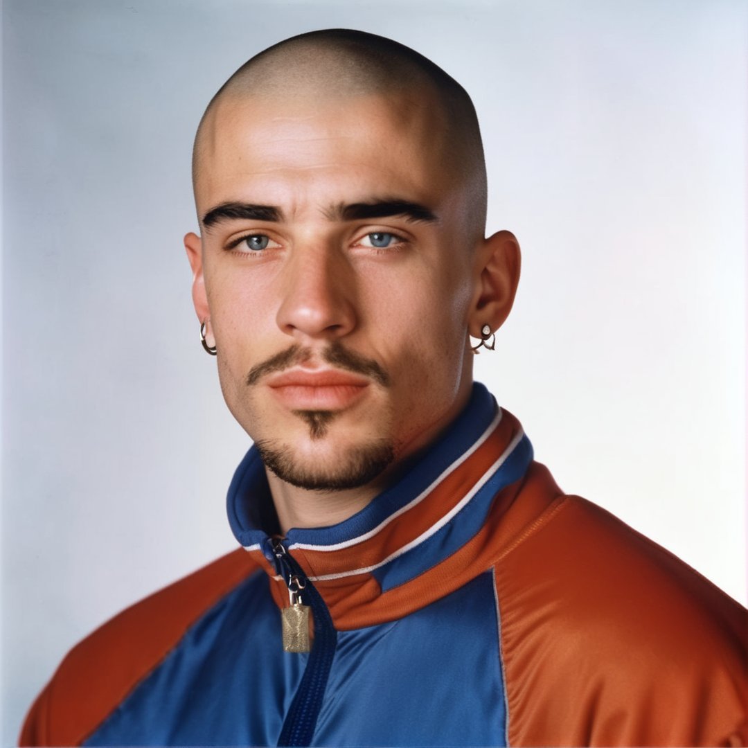 gabber, 1 handsome male, hot, berlin, blue tracksuit, bald, buzz cut, stubble, scrawny, piercing, Thunderdome, 1990s, 32K, HQ, realistic, photorealistic, cinematic lighting, portrait, white background, earring