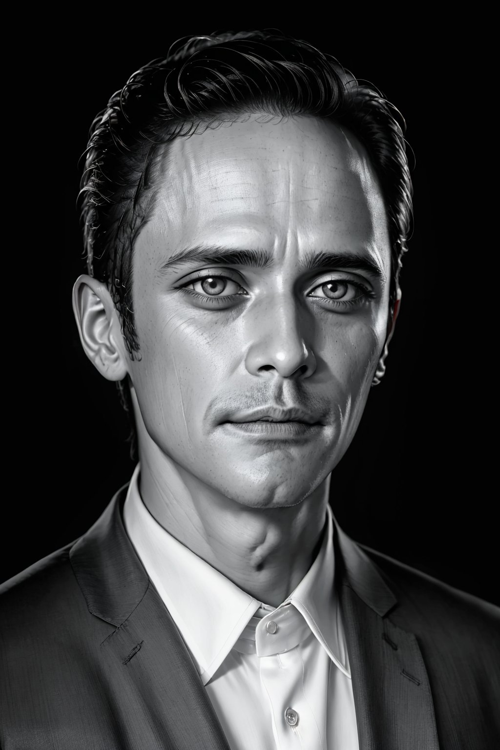 portrait of handsome man. dark eyes, clean face without mustache and beard, Black and white, realistic,clean background,papat