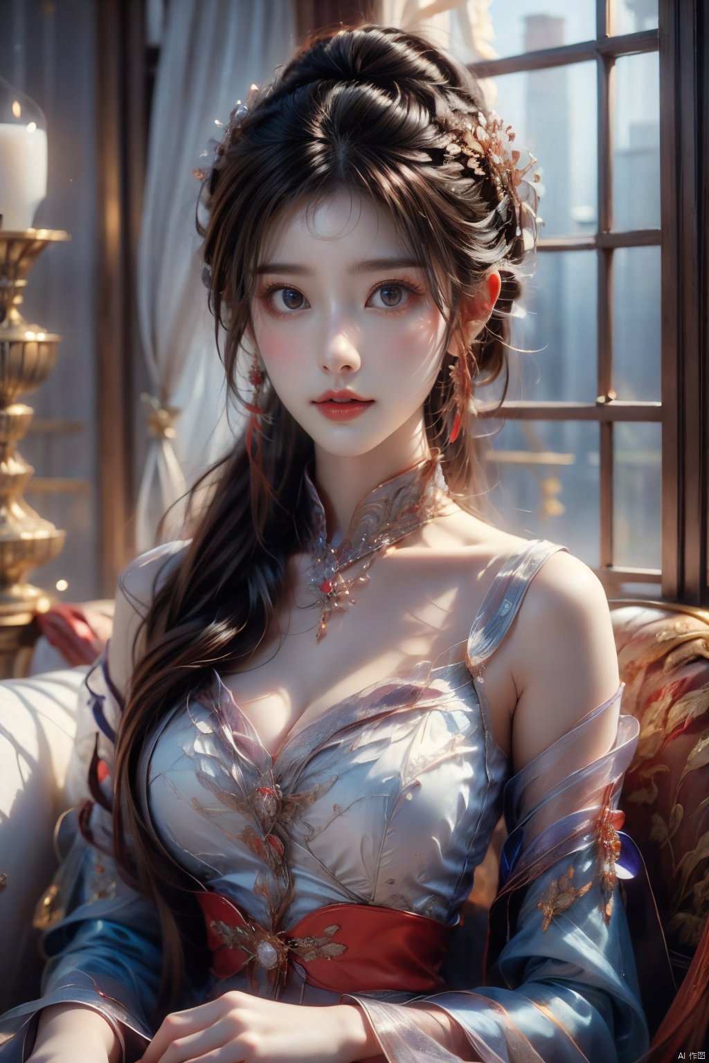 Masterpiece, Best Quality, HD 16K, a girl, bust, purple theme, delicate features, traditional dress, hair accessories, film-level lighting rendering, lifelike, details enhanced,