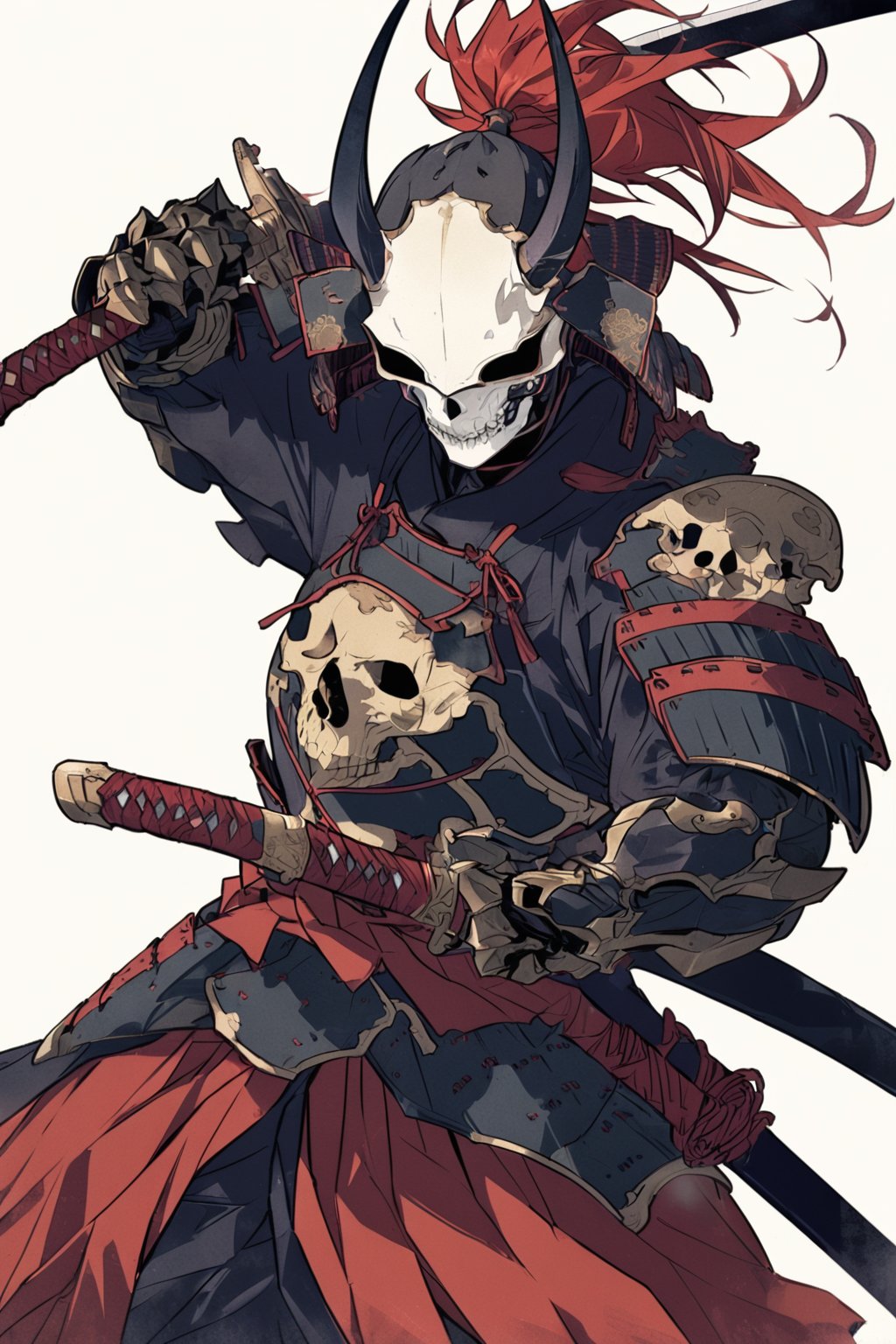 kabuki, weapon, armor, sword, holding weapon, solo, holding sword, holding, 1boy, male focus, helmet, katana, horns, samurai, white background, sheath, japanese armor, simple background, ponytail, shoulder armor, red hair, gauntlets, skull mask, masterpiece, best quality, aesthetic, ukiyo-e background,