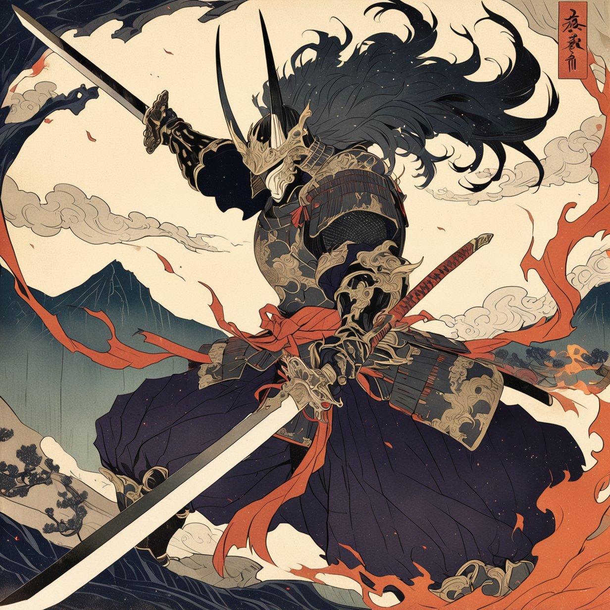 kabuki, knight, battle stance, weapon, armor, sword, helmet, holding weapon, solo, holding, holding sword, 1boy, male focus, black hair, long hair, japanese armor, fire, shoulder armor, samurai, horns, masterpiece, best quality, aesthetic, ukiyo-e background,