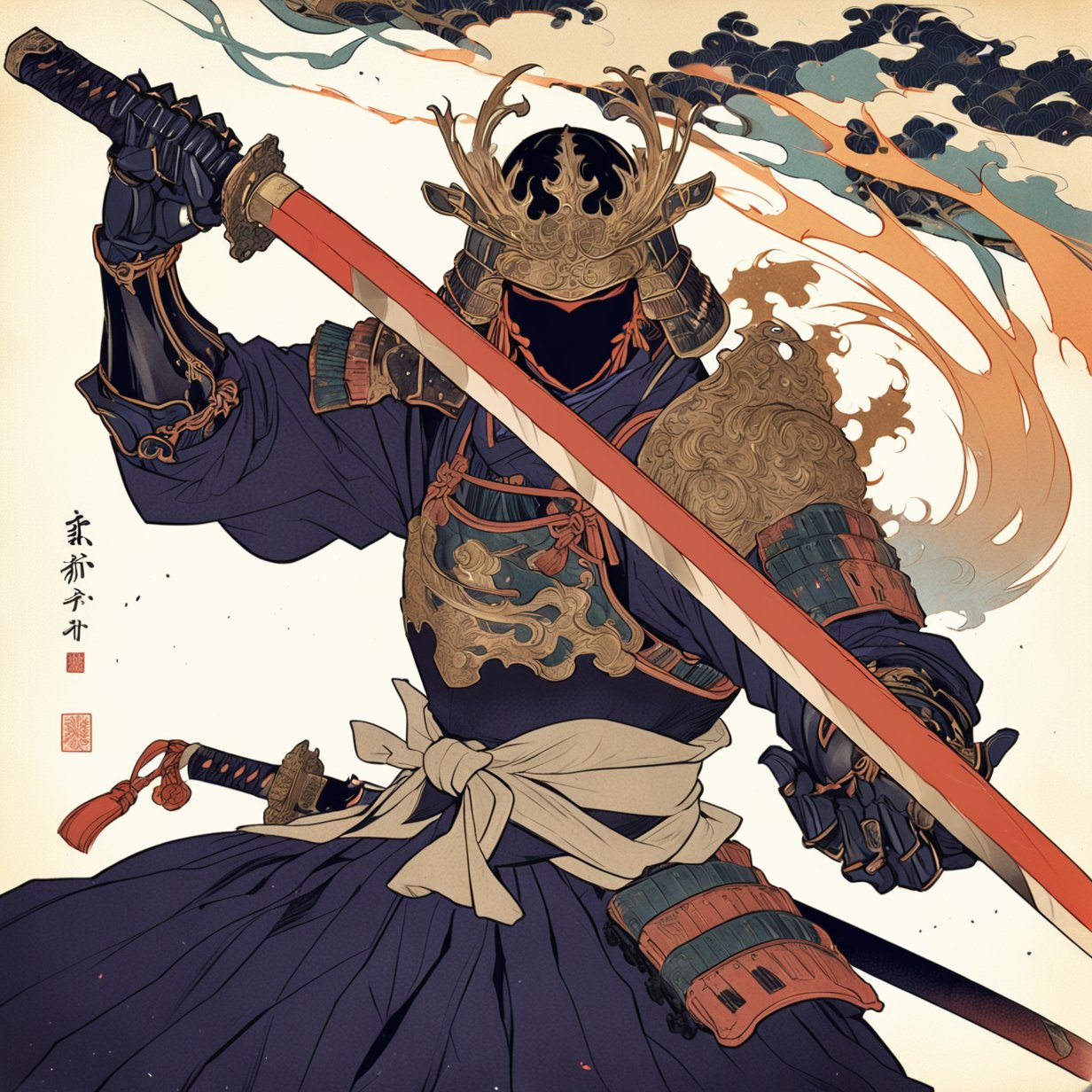 kabuki, battle stance, weapon, sword, armor, samurai, solo, holding, holding weapon, japanese armor, hakama, katana, holding sword, 1boy, male focus, japanese clothes, helmet, fighting stance, kusazuri, shoulder armor, fire, masterpiece, best quality, aesthetic, ukiyo-e background,