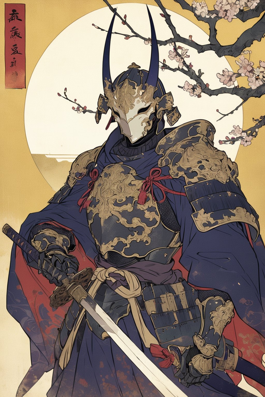 kabuki, armor, weapon, solo, sword, helmet, holding, 1boy, holding weapon, male focus, shoulder armor, holding sword, cape, sheath, breastplate, pauldrons, gauntlets, flower, horns, sheathed, mask, masterpiece, best quality, aesthetic, ukiyo-e background,