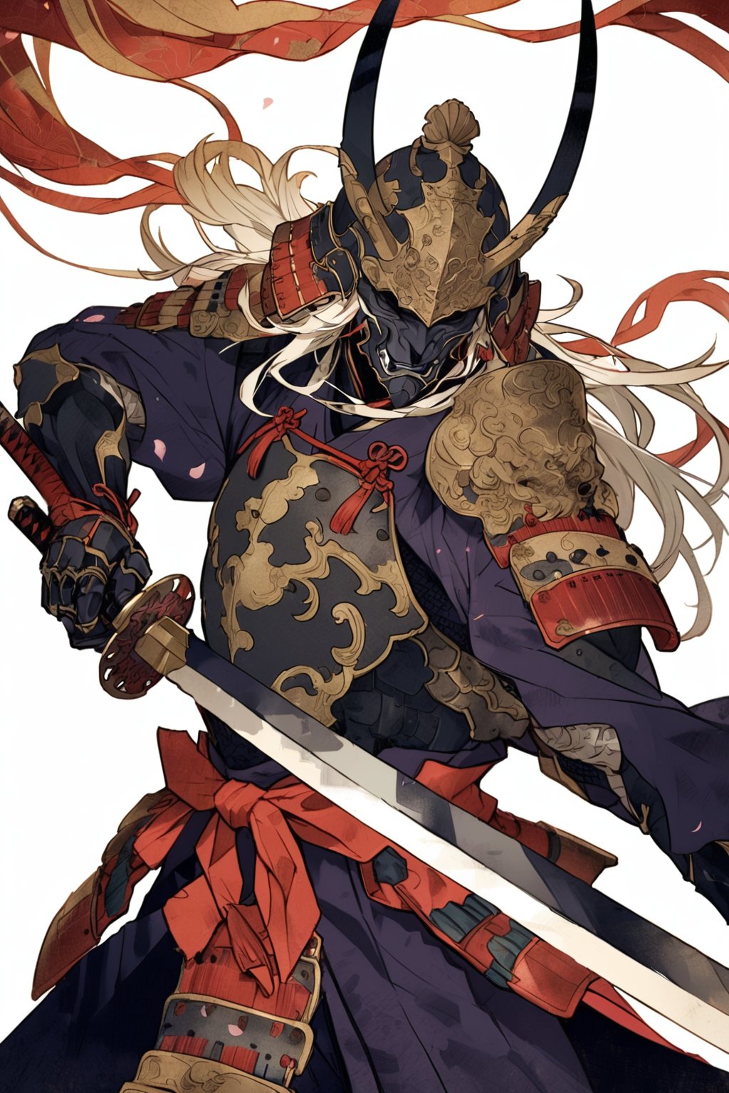 kabuki, weapon, sword, armor, 1boy, katana, japanese armor, male focus, helmet, solo, horns, shoulder armor, holding, samurai, holding sword, holding weapon, long hair, white background, pauldrons, japanese clothes, masterpiece, best quality, aesthetic, ukiyo-e background,