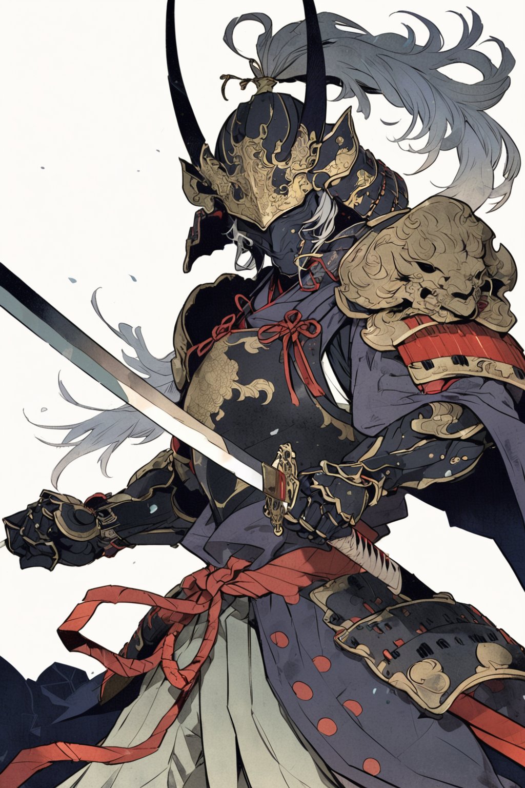 kabuki, weapon, sword, armor, 1boy, katana, japanese armor, male focus, helmet, solo, horns, shoulder armor, holding, samurai, holding sword, holding weapon, long hair, white background, pauldrons, japanese clothes, masterpiece, best quality, aesthetic, ukiyo-e background,