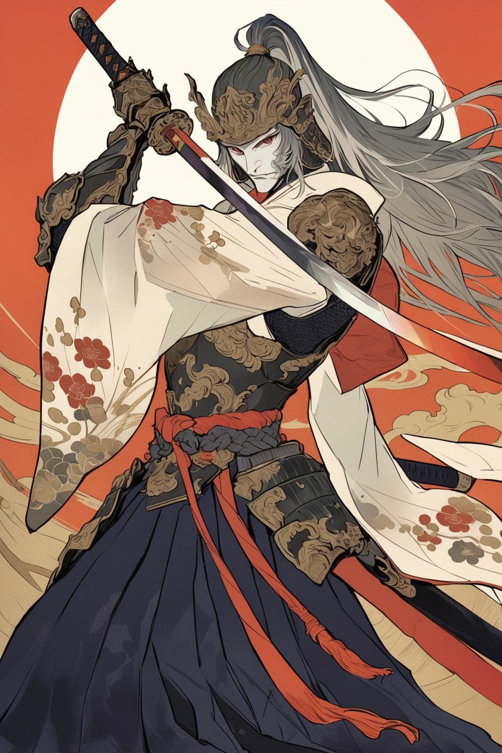 kabuki, weapon, sword, solo, holding, long hair, armor, floral print, 1boy, red eyes, japanese clothes, holding sword, flower, holding weapon, ponytail, katana, male focus, grey hair, wide sleeves, simple background, hakama, looking at viewer, gauntlets, masterpiece, best quality, aesthetic, ukiyo-e background,