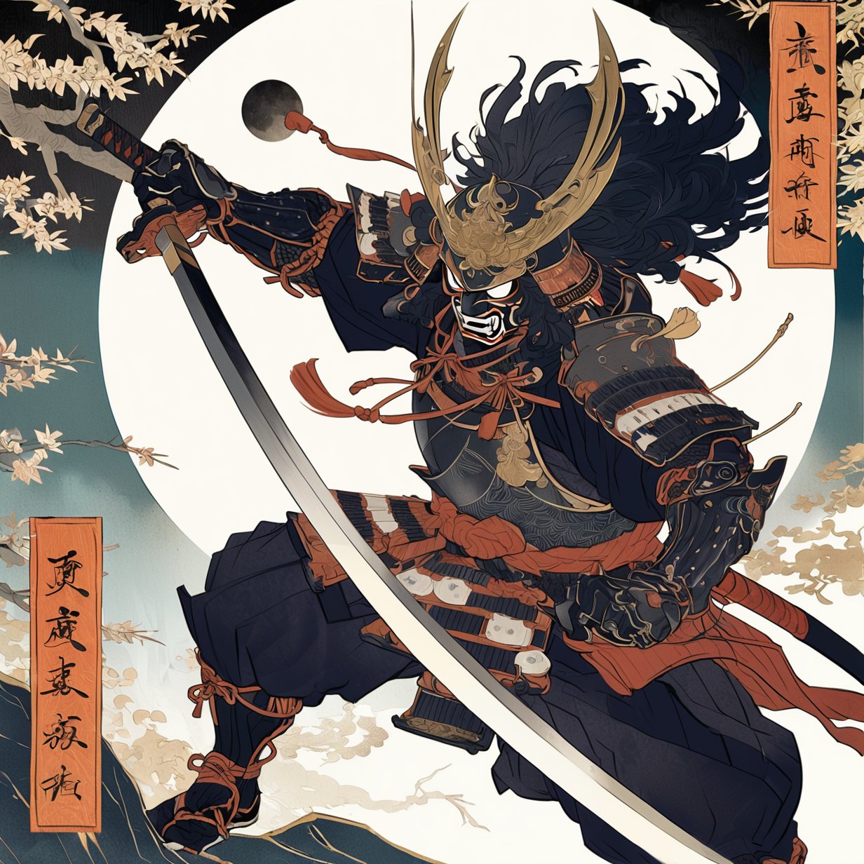 battle stance, weapon, sword, japanese armor, armor, samurai, holding, katana, 1boy, male focus, holding weapon, black hair, solo, holding sword, shoulder armor, long hair, dual wielding, sheath, japanese clothes, moon, helmet, kote, sode, fighting stance, kabuto (helmet), kusazuri, mask, masterpiece, best quality, aesthetic, ukiyo-e background, ,kabuki